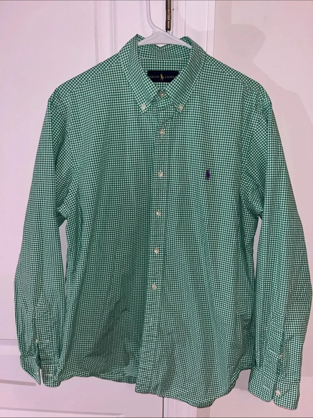 Polo Ralph Lauren Green White Gingham Checked Plaid w/Pony LS Casual Shirt M